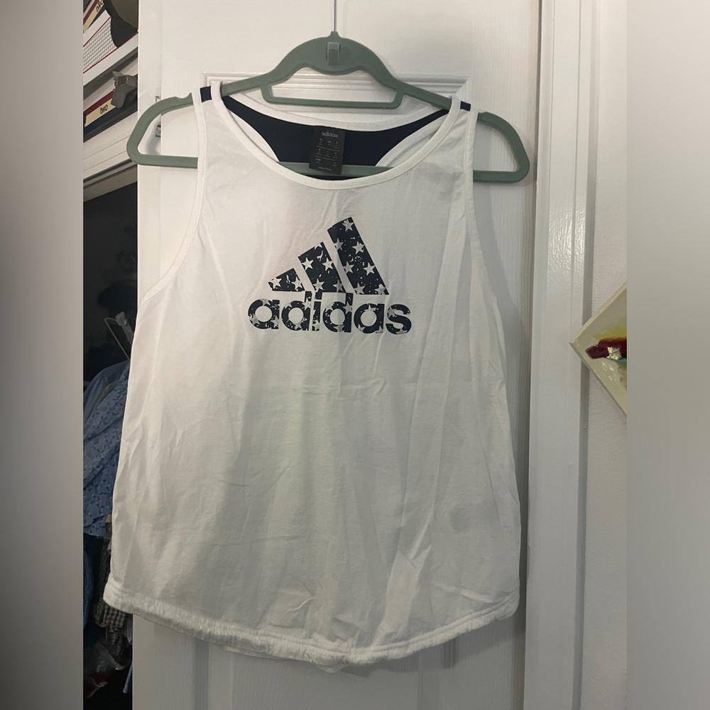 Junior's Adidas Medium White Graphic Logo Tank